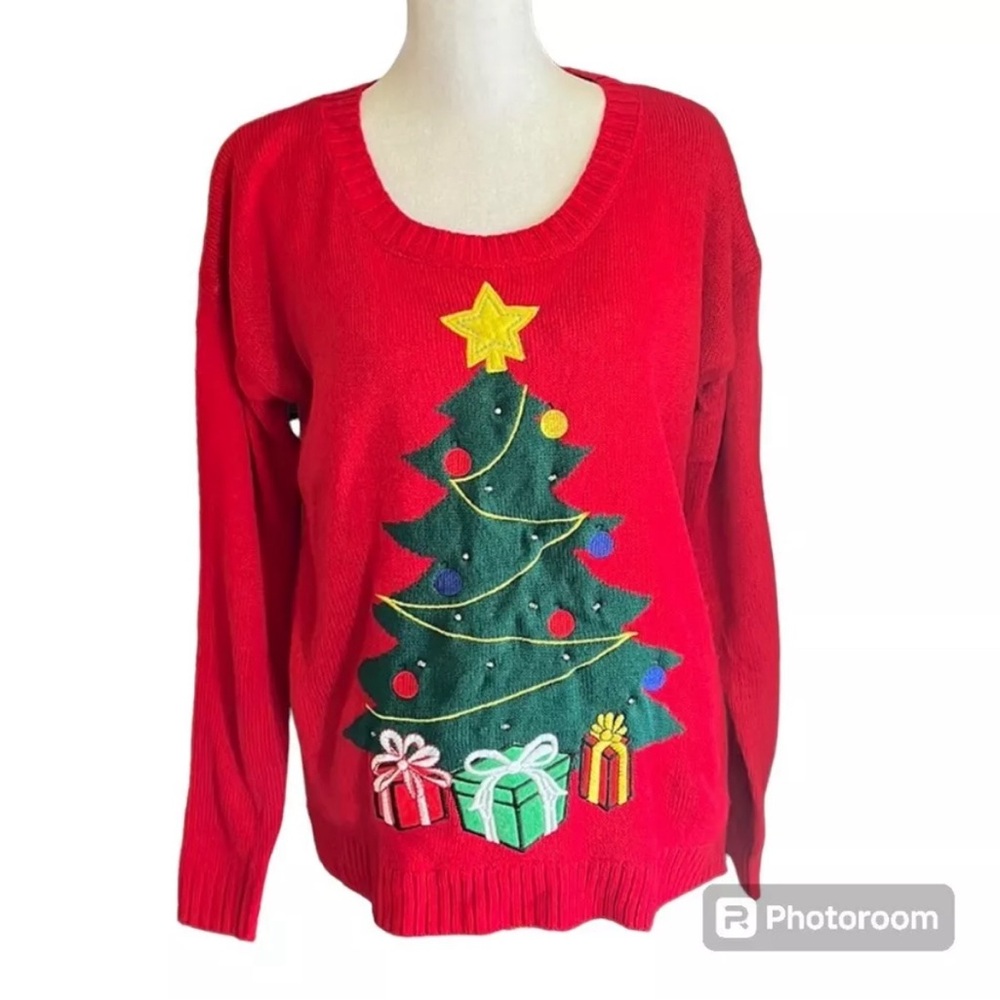 Holiday Time Red Embroidered Light Up Ugly Christmas Sweater Size S